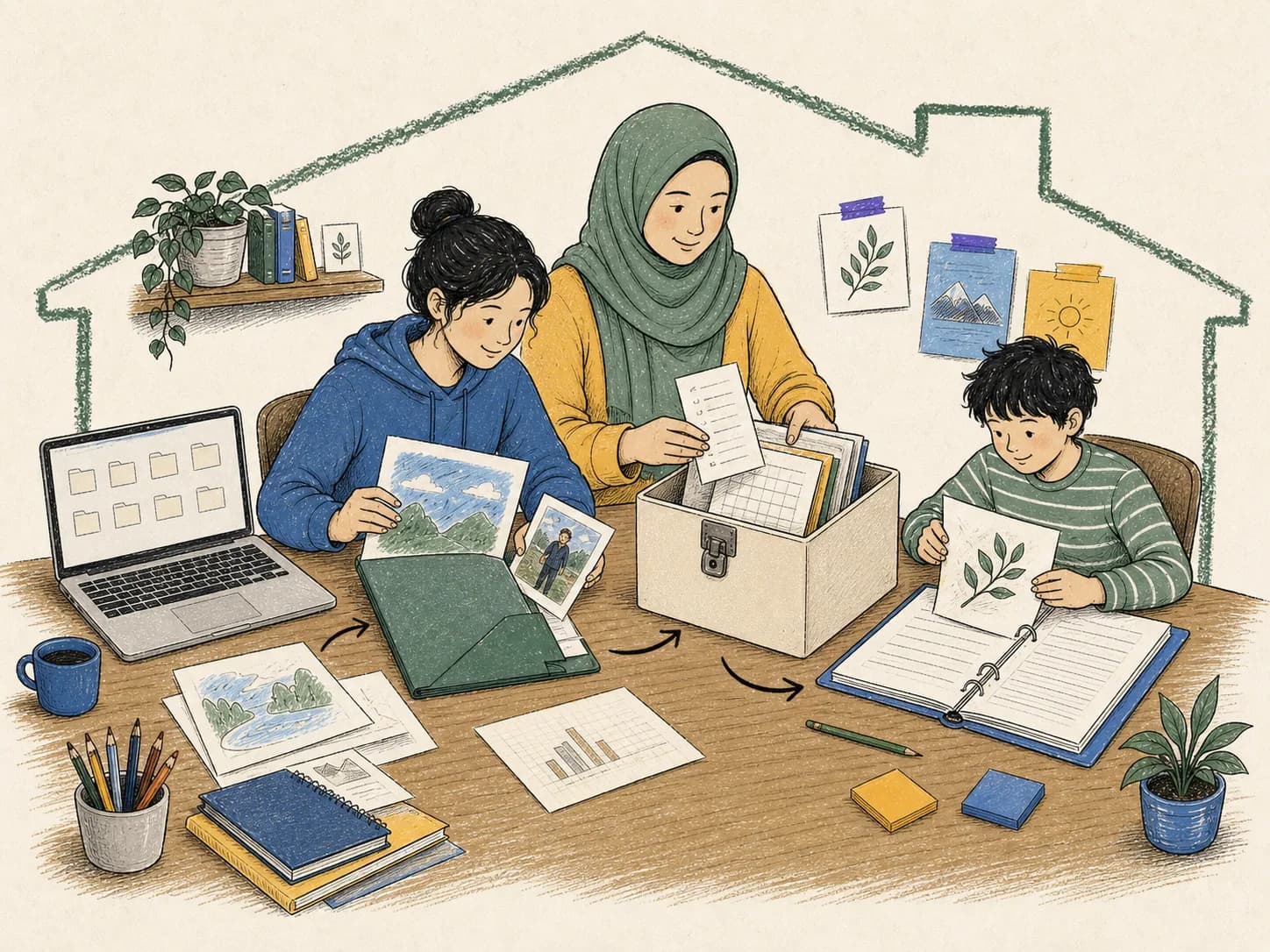 A parent and children learning together at home